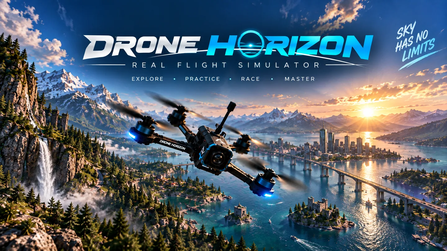 Drone Horizon promotional artwork showing an FPV drone above a coastal city and mountains.
