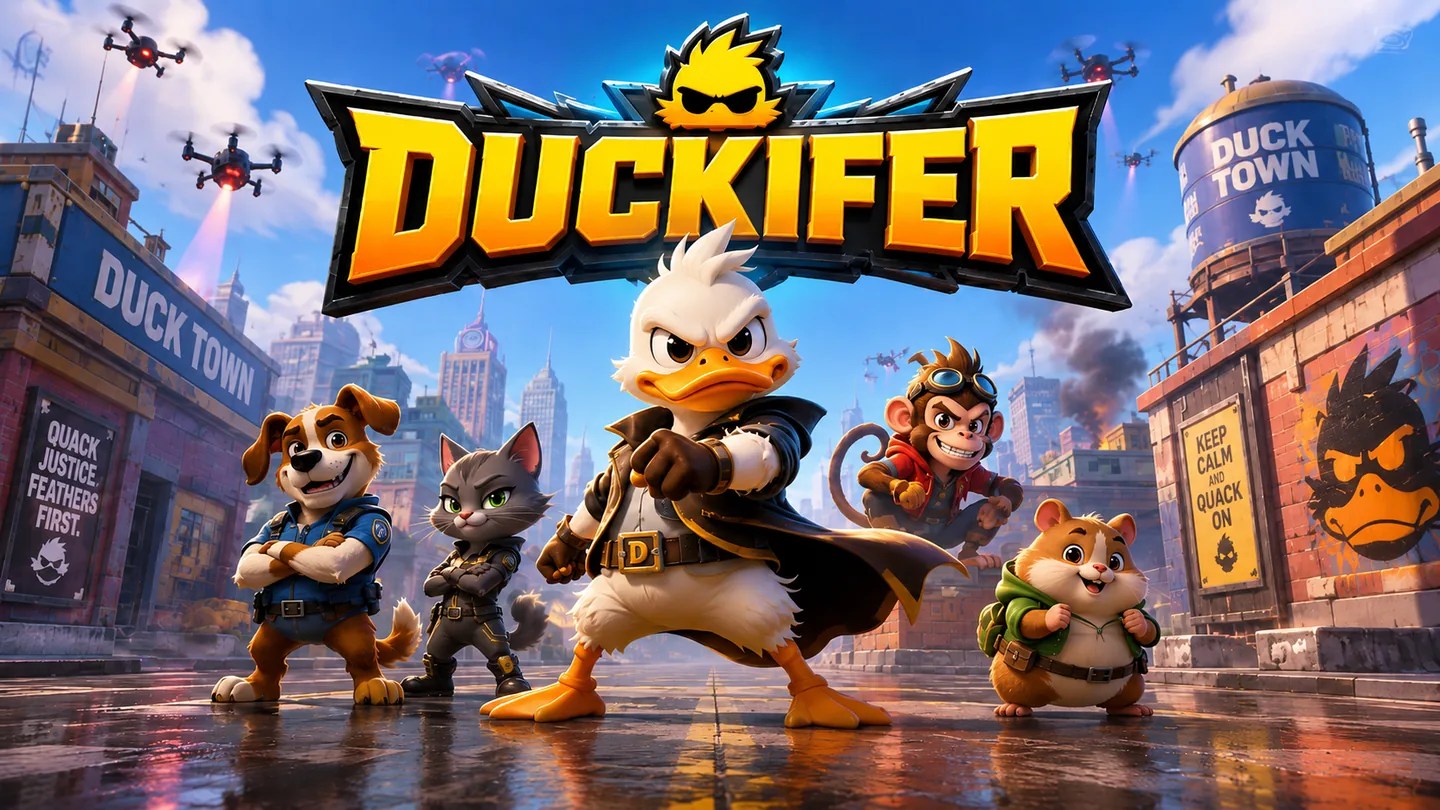 Duckifer promotional artwork featuring the white-haired duck hero and other animal characters in Duck Town.