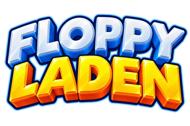 Floppy Laden logo in bold blue, white, and yellow lettering against a dark blue background.