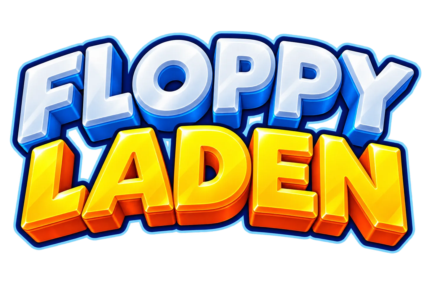 Floppy Laden logo in bold blue, white, and yellow lettering against a dark blue background.
