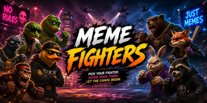 Meme Fighters promotional artwork with outrageous animal fighters in a neon-lit arena.
