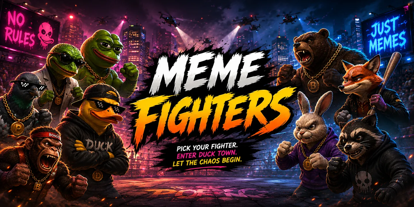Meme Fighters promotional artwork with outrageous animal fighters in a neon-lit arena.